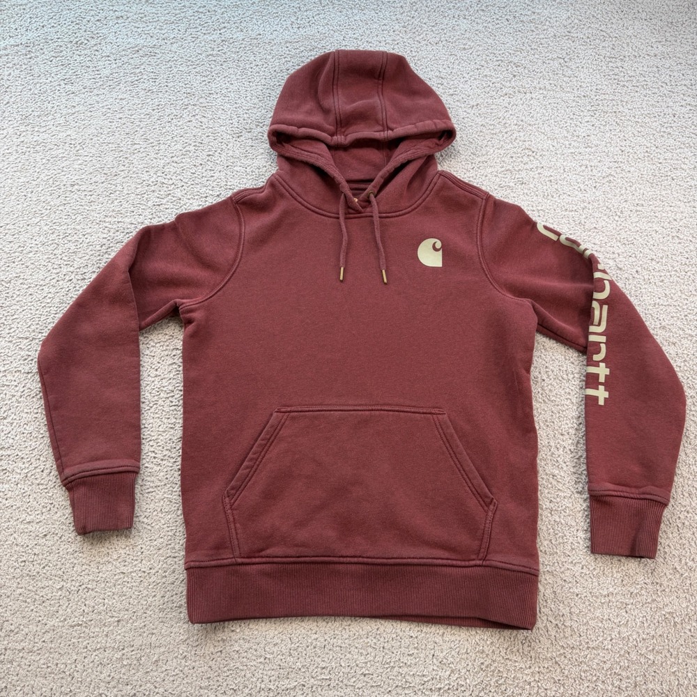 Carhartt Womens Relaxed Fit Hoodie Burgundy Sleeve Logo Sweatshirt 102791 S 4-6